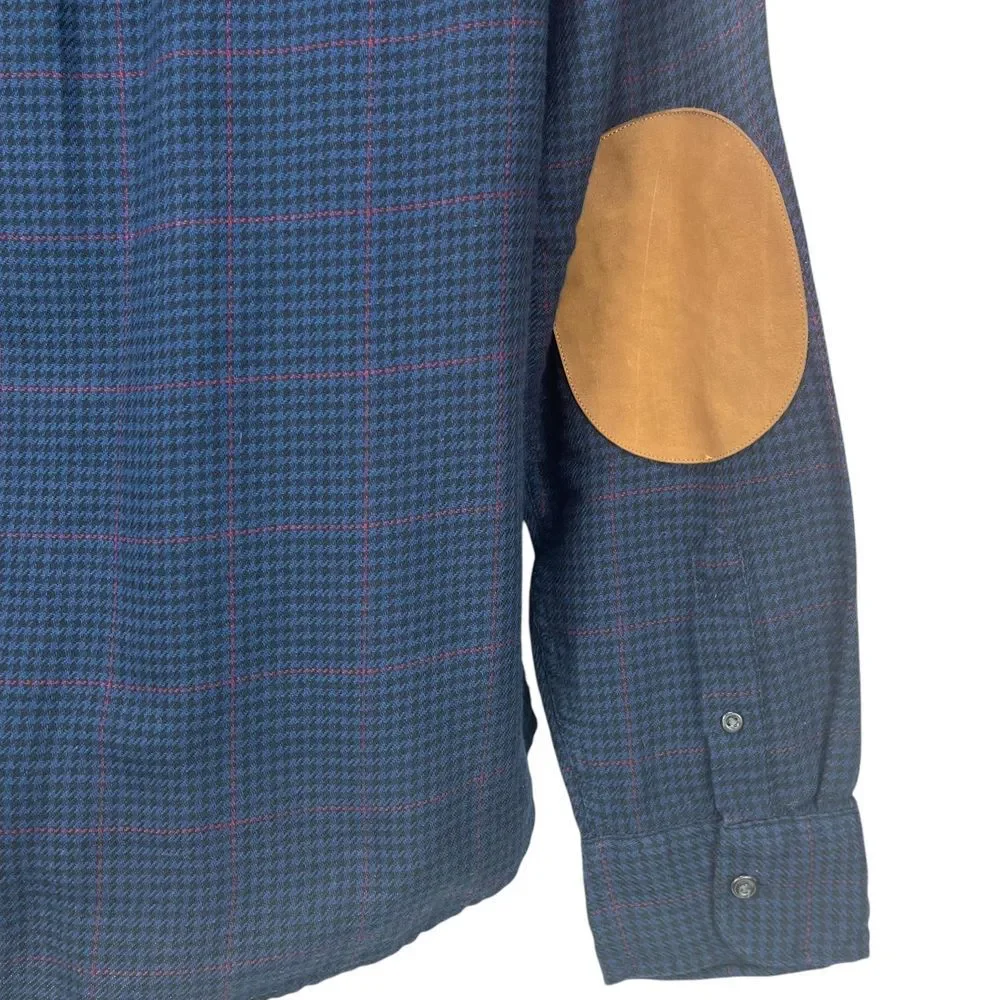 J.Crew‎ Men's XL Slim Blue Houndstooth Check Flannel L/S Shirt w/ Elbow Patch